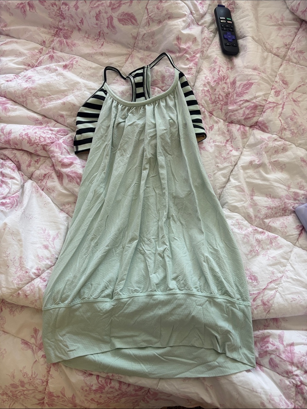 Mint Green Strappy Tank with Black & teal Striped sports bra built in